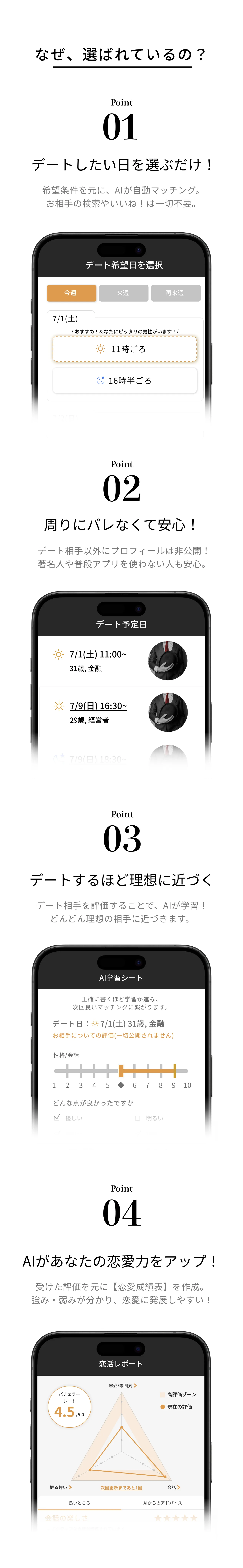 なぜ、選ばれているの？デートしたい日を選ぶだけ／周りにバレなくて安心／デートするほど理想に近づく／AIがあなたの恋愛力をアップ